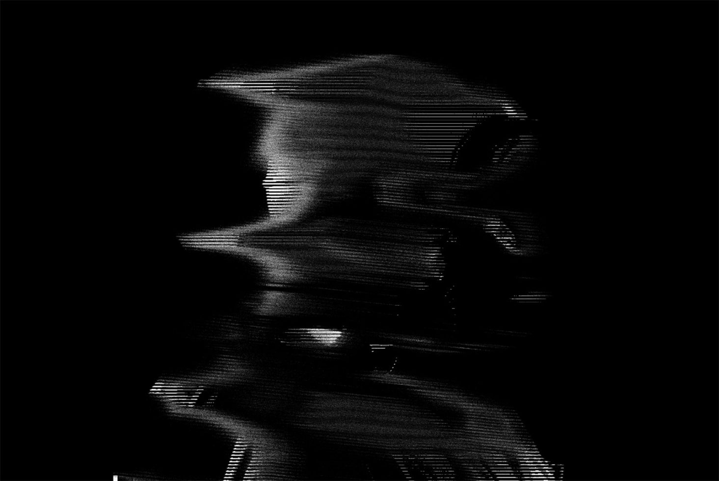 Abstract digital glitch art portrait for graphic designers, featuring a monochrome distorted human figure ideal for modern templates.