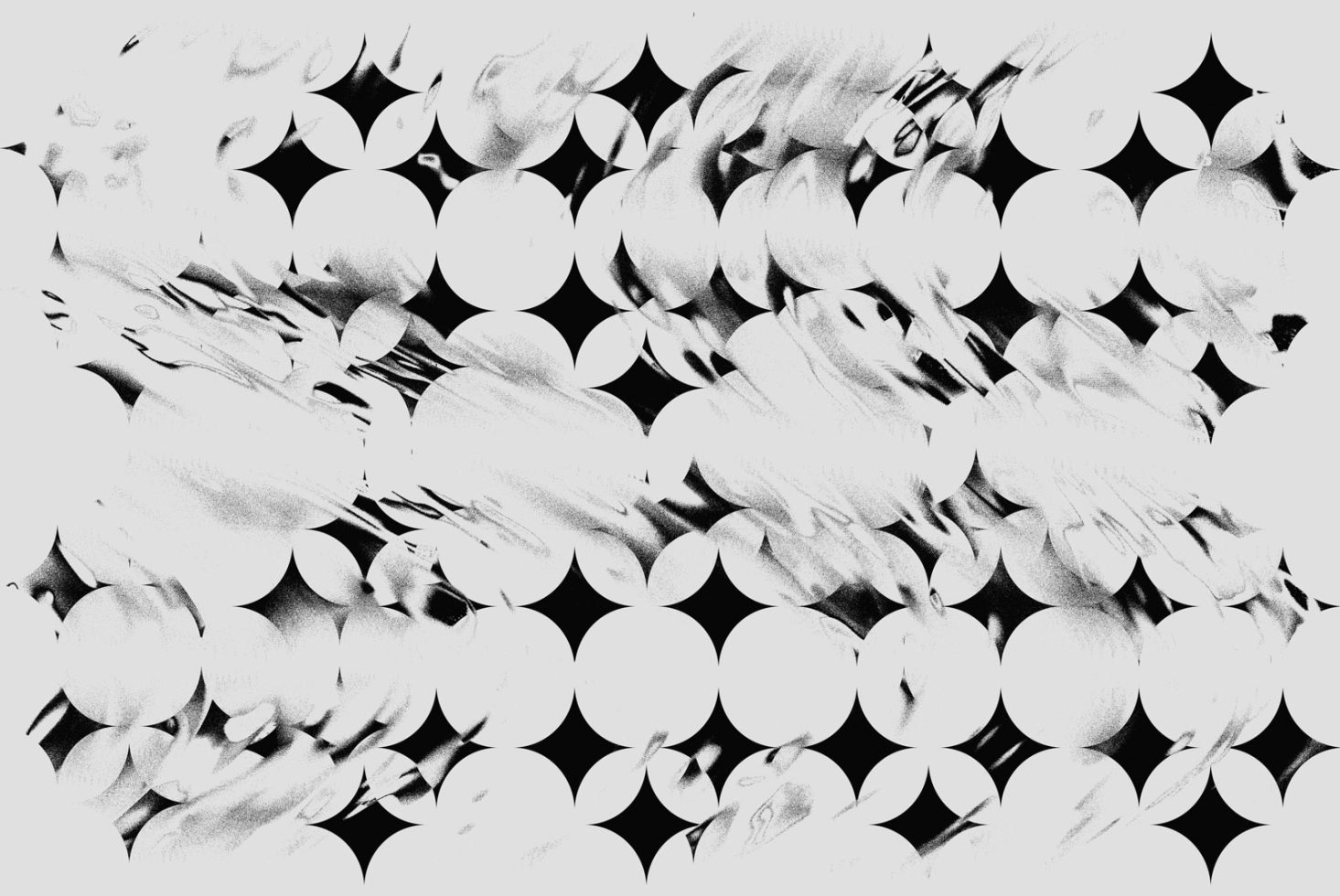 Abstract digital graphic with black and white circular pattern and distorted wavelike texture perfect for templates, mockups, and modern design backgrounds.