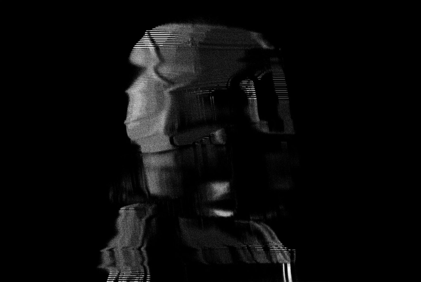 Abstract black and white glitch art portrait for creative design projects, suitable for use in graphics and templates.