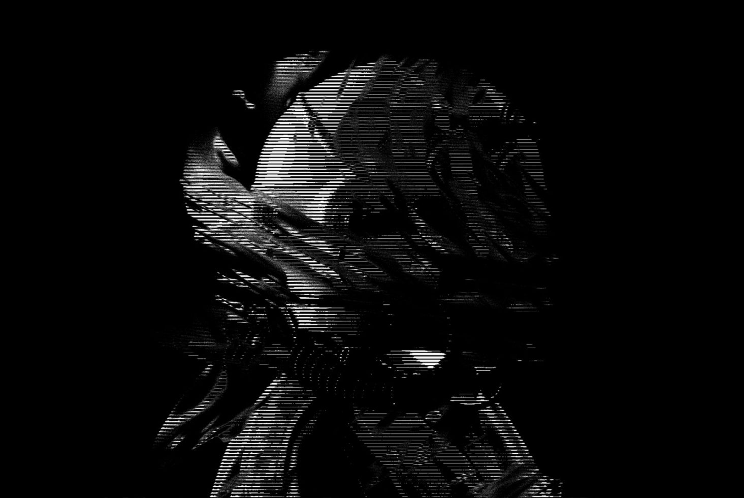 Abstract digital portrait distortion effect, monochrome glitch art, modern graphics for creative design projects, high contrast pattern.