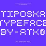 Modern TIPOSKA Typeface by ARTYK preview, white futuristic font on purple background, new monospaced type design for creatives.