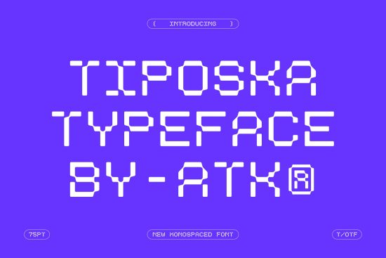 Modern TIPOSKA Typeface by ARTYK preview, white futuristic font on purple background, new monospaced type design for creatives.