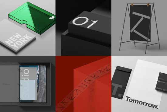 Collage of six design mockups featuring books, signage, and branding materials with sleek, modern aesthetics for digital asset marketplace.