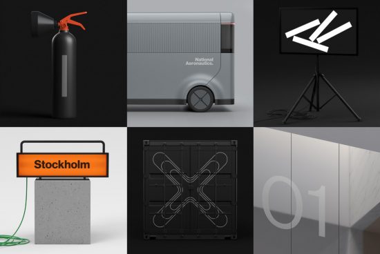 Collage of six realistic 3D mockups including a fire extinguisher, bus, display board, neon sign, shipping container, and wall with subtle numerals.