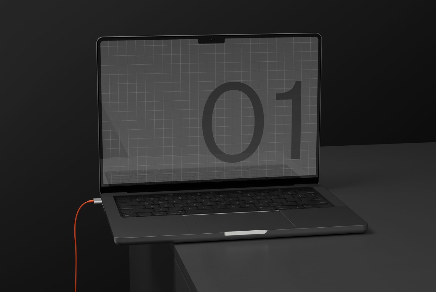 Laptop mockup on dark desk, modern design, digital wireframe overlay, numbered graphic, sleek device on gray backdrop, perfect for presentations.