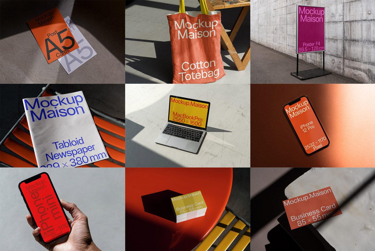 Collection of diverse mockup templates including tote bag, phone, laptop, posters, and business cards in various settings for design presentations.