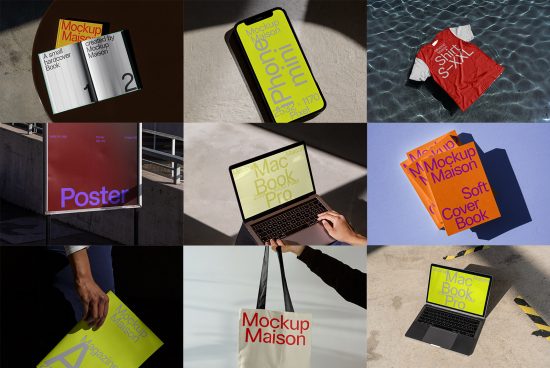 Collection of photorealistic mockups for branding, including book, poster, tote bag, phone, and laptop, in various settings for showcasing designs.