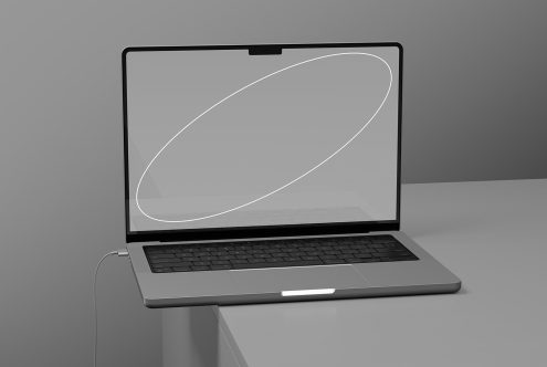 Laptop mockup with blank screen on grey background, ideal for digital design presentation, professional technology template.