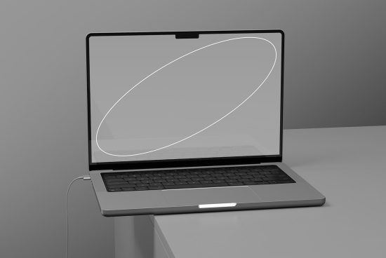 Laptop mockup with blank screen on grey background, ideal for digital design presentation, professional technology template.