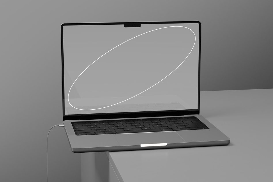 Light gray laptop mockup with simple oval design on display
