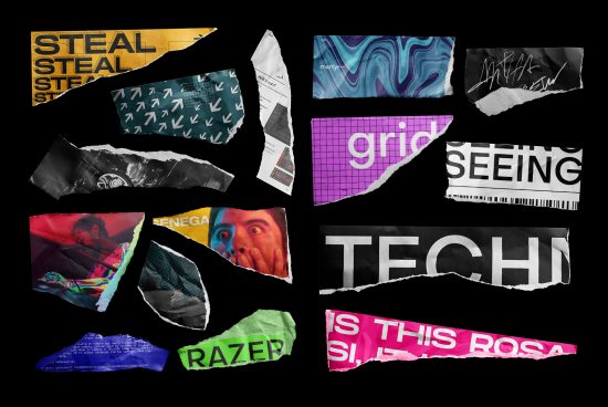 Assorted torn paper pieces with text and images for graphic design mockups, layered texture collage elements on black background.