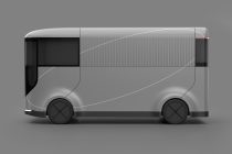 Light gray bus mockup with ribbed middle section from side view