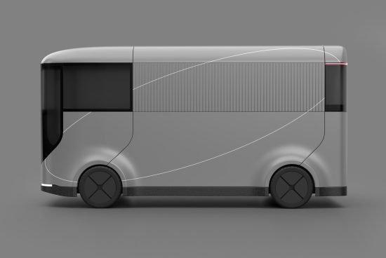 Side view of a sleek, modern electric bus mockup with a minimalistic design on a gray background, perfect for vehicle branding templates.