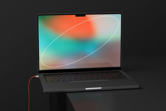 Laptop mockup with colorful screen on dark background, modern design, digital device, ideal for presentations and web design templates.