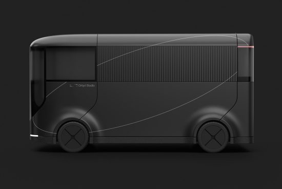 Side view of a sleek modern electric bus mockup, with a dark matte finish, against a dark background, perfect for vehicle branding designs.