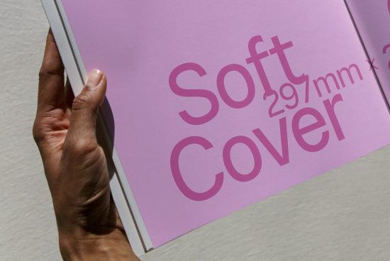 Person holding a mockup of a purple softcover book with white and magenta typography design, ideal for presentation graphics templates.