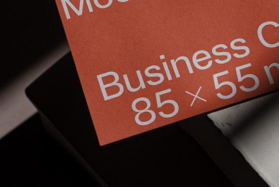 Close-up of orange business card mockup with dimensions showcasing clean design and premium paper texture for graphic designers.