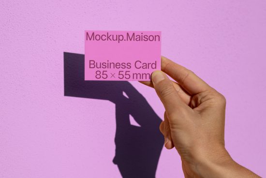 Hand holding a pink business card mockup with shadow on a textured purple wall, design presentation, 85 x 55 mm size model.