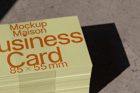 Business card mockup in a stack with bold typography, realistic shadows, and sunlight, dimensions 85x55 mm - ideal for designer presentations.