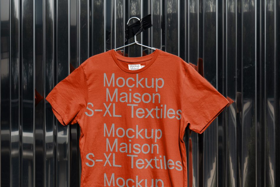 Orange t-shirt mockup on hanger with text graphics against metallic ribbed background, ideal for apparel design presentations.