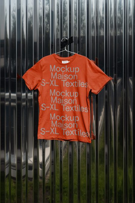 Orange t-shirt mockup on hanger against metal fence, urban background, editable apparel design presentation, clothing graphics display.