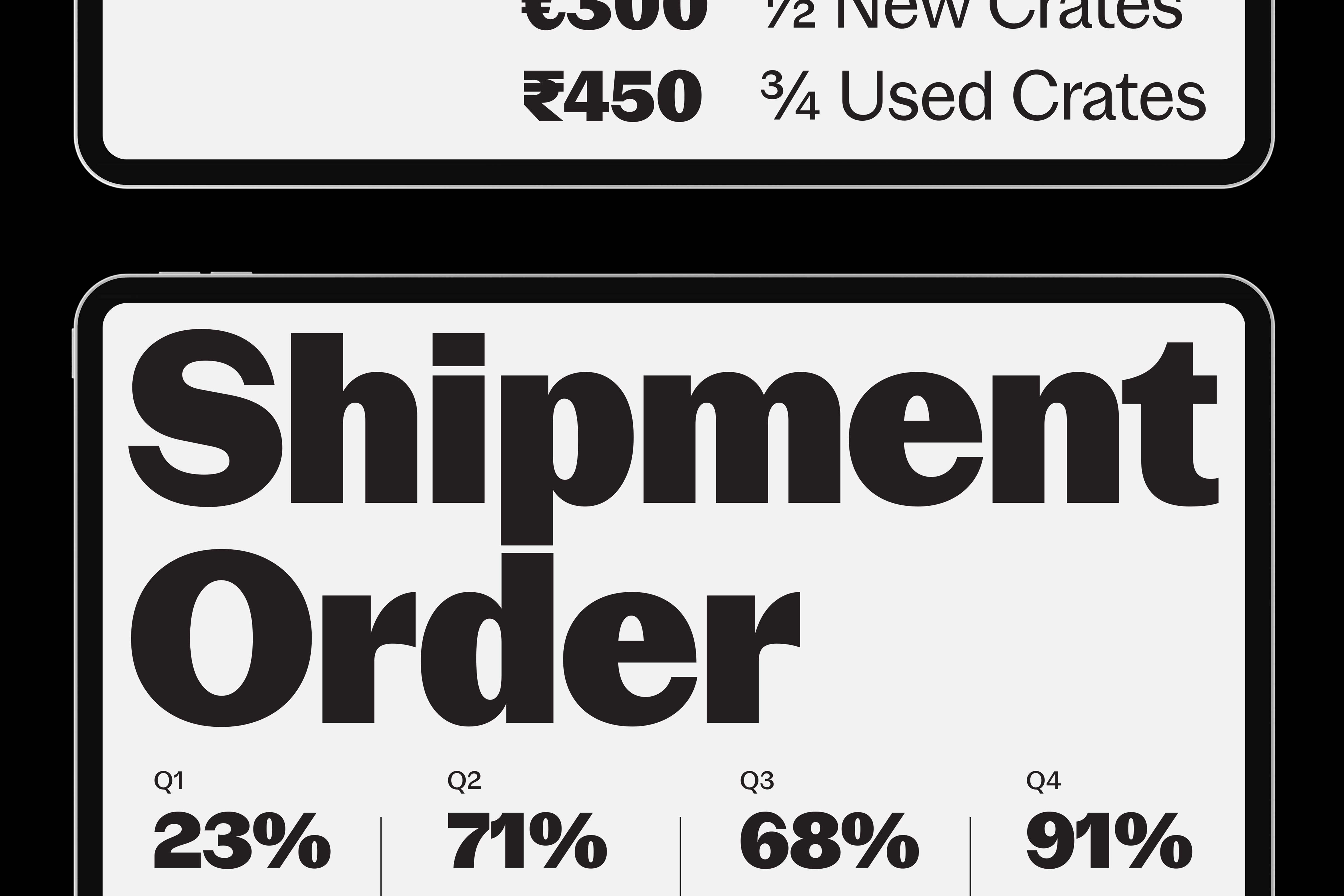 Black and white shipment order dashboard template with bold typography and percentage statistics for designers marketplace graphics category.