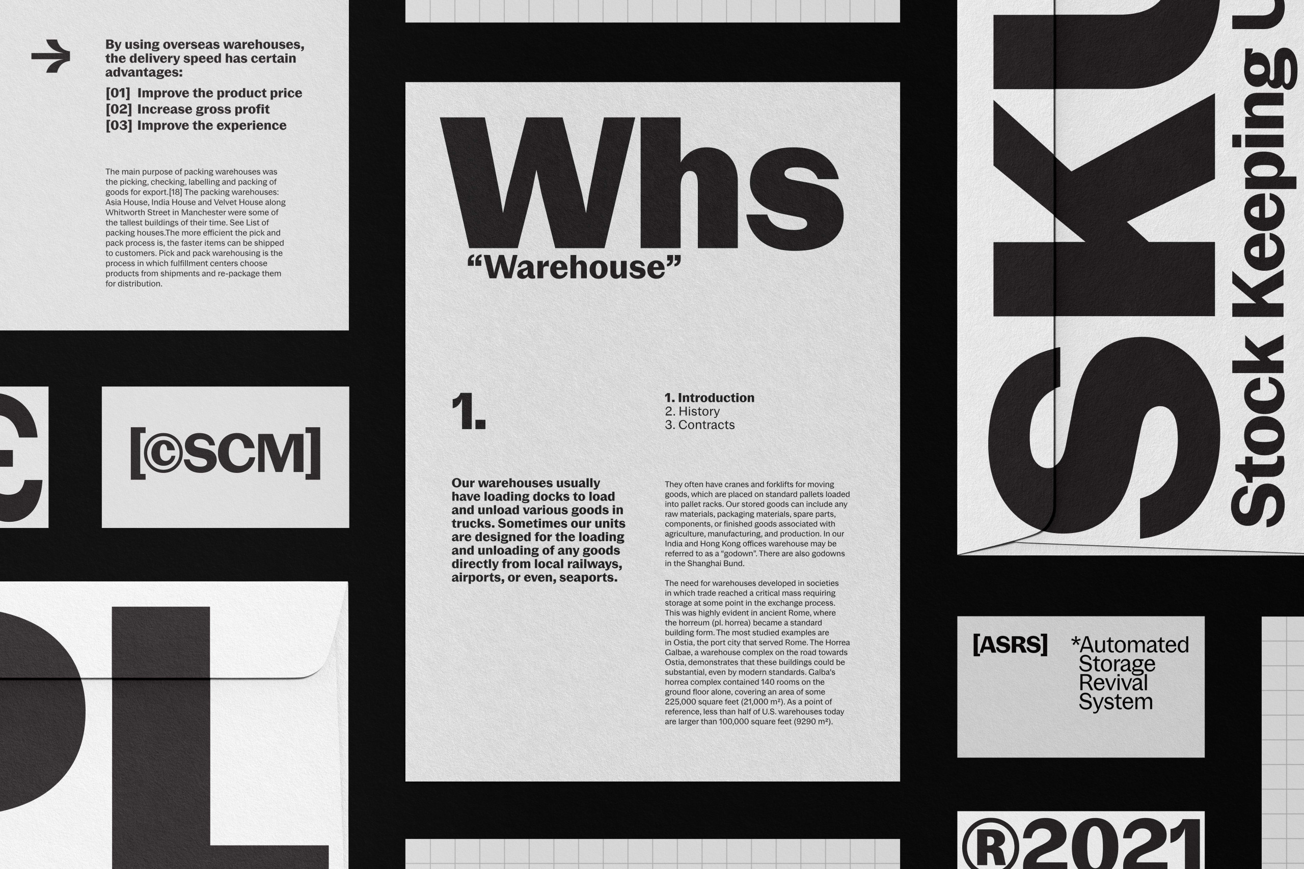 Monochrome typographic poster design featuring bold lettering, warehouse theme, with text and layout elements for graphics category.