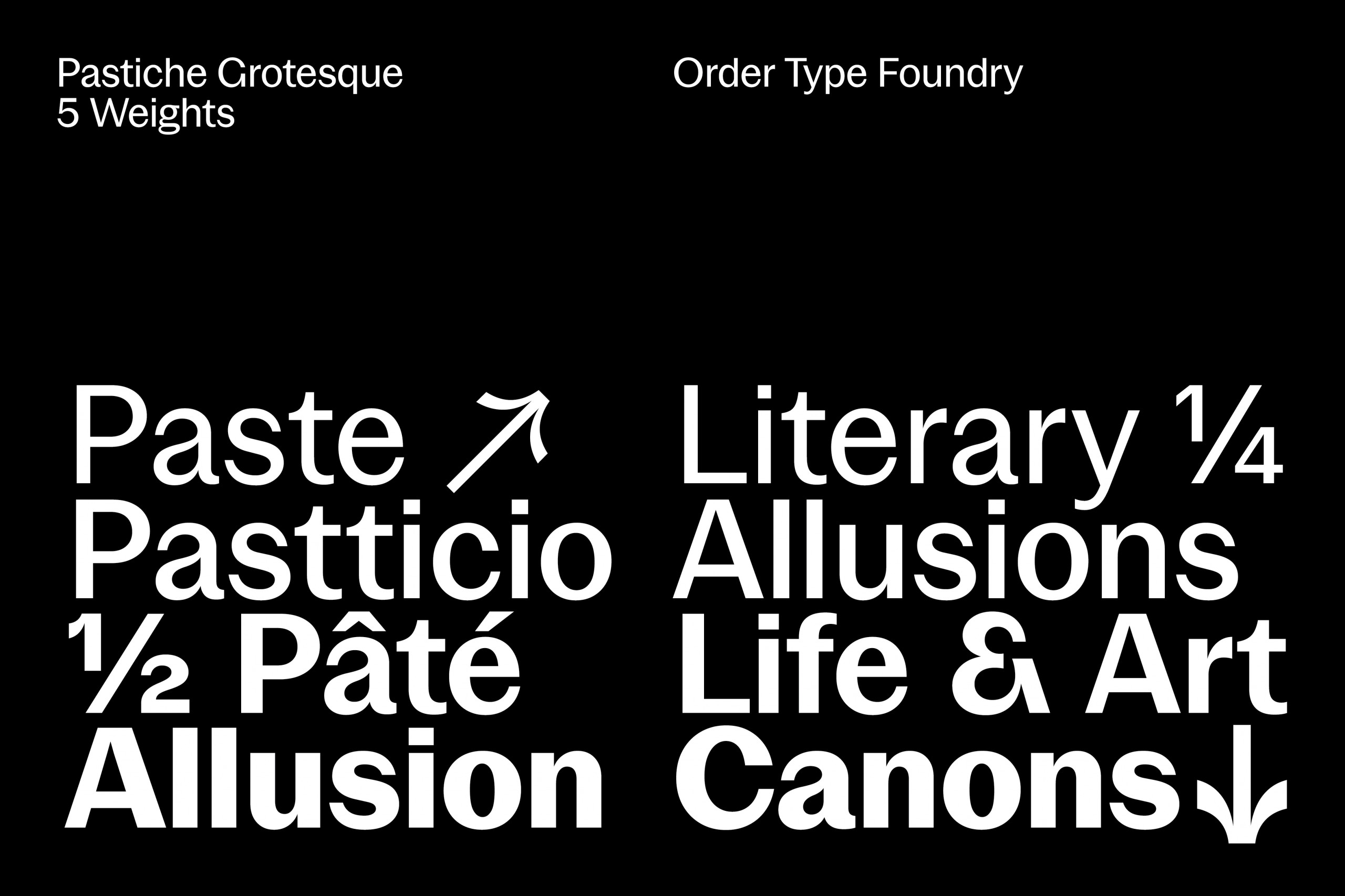 Font design preview for Pastiche Grotesque from Order Type Foundry showcasing 5 weights in a bold, modern style suitable for graphic design.