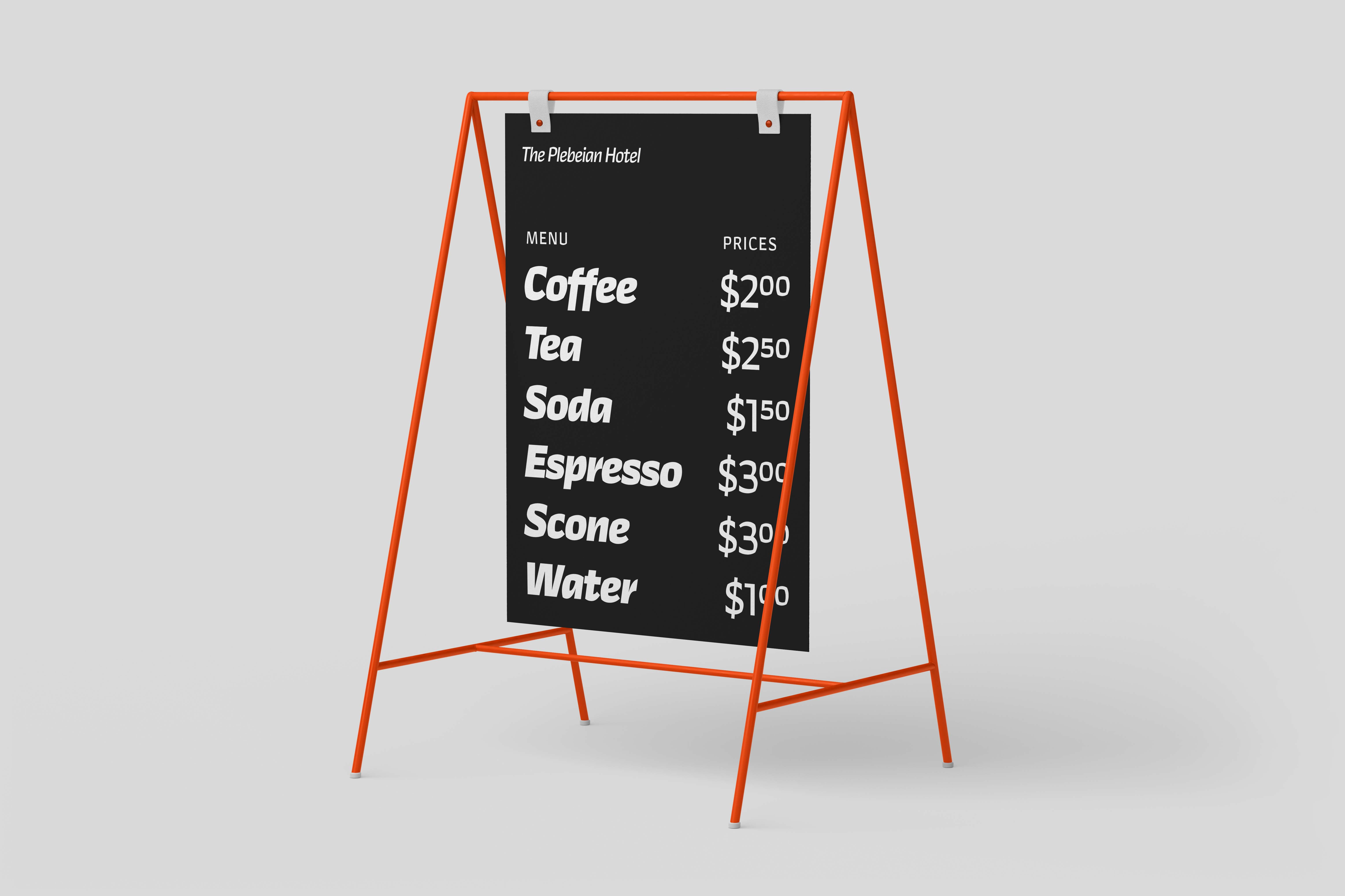 Editable menu board mockup with orange stand and black signage displaying a restaurant food list with prices, ideal for designers graphic assets.