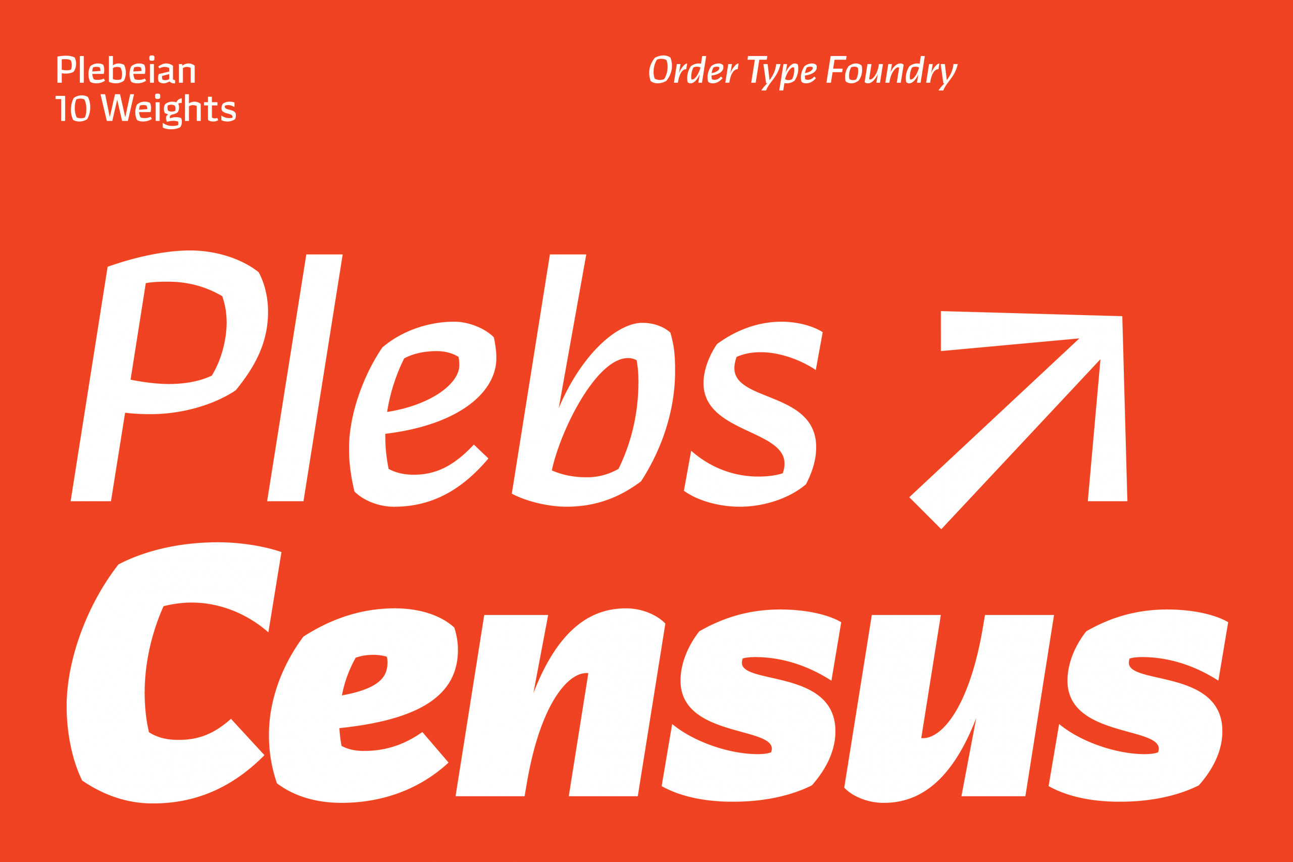Bold modern font design with text Plebs Census in white on a vibrant orange background, showcasing typography style from Order Type Foundry.