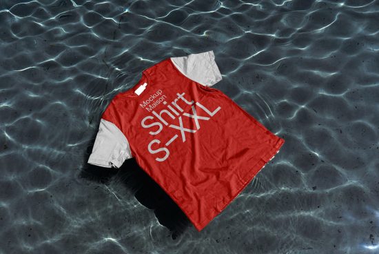 Red t-shirt mockup floating on clear water surface, ideal for presenting apparel designs and patterns in a unique context.