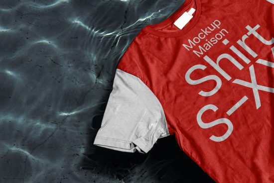 Red and gray t-shirt mockup on textured water background, ideal for fashion designers to display their graphics and designs.