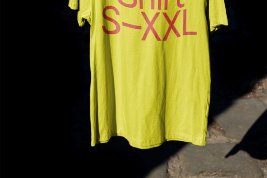 Bright yellow t-shirt mockup with pink text design, hanging outdoors, clear shadows, ideal for fashion and apparel graphic display.