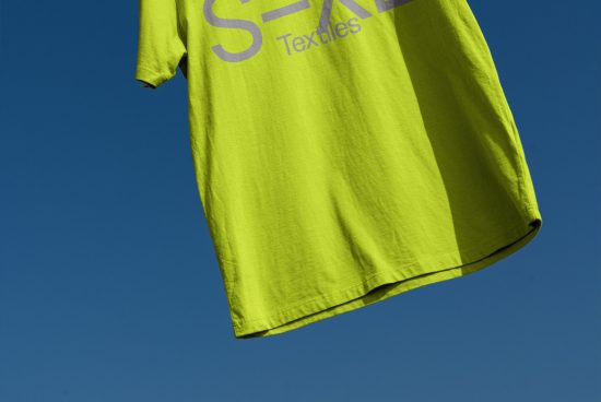 Bright neon yellow t-shirt mockup with text, clear blue sky background, ideal for clothing design and apparel graphics presentation.