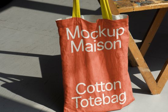 Red cotton tote bag mockup with yellow straps on a wooden easel, ideal for showcasing design work, relevant for graphics category.