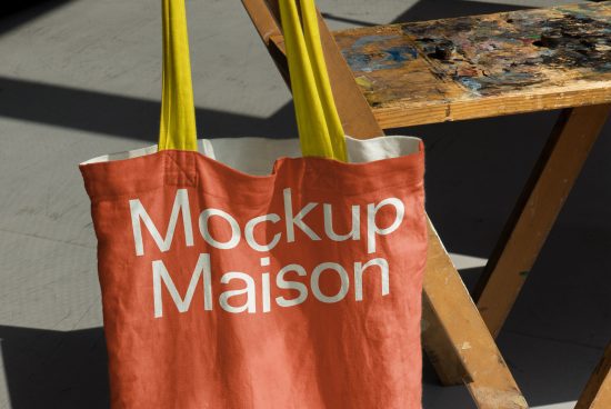 Red tote bag with Mockup Maison text leaning on a wooden easel in a studio setting perfect for design mockup graphics.