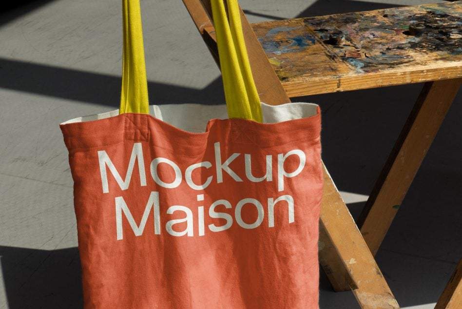 Close-up of coral tote bag with white text hanging from artist chair