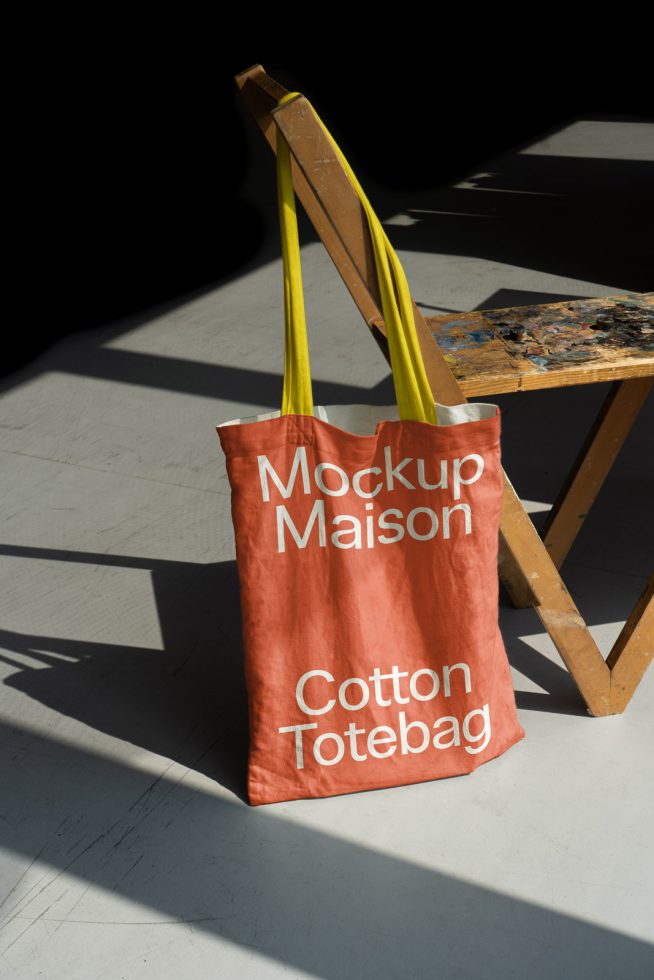 Red cotton tote bag mockup hanging on wooden chair, bright studio light, strong shadows, product design display.