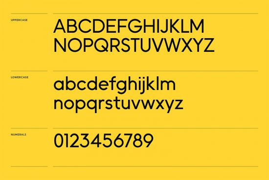 Modern sans-serif font showcase with uppercase, lowercase letters, and numerals on a yellow background. Ideal for graphic design, branding, and typography.