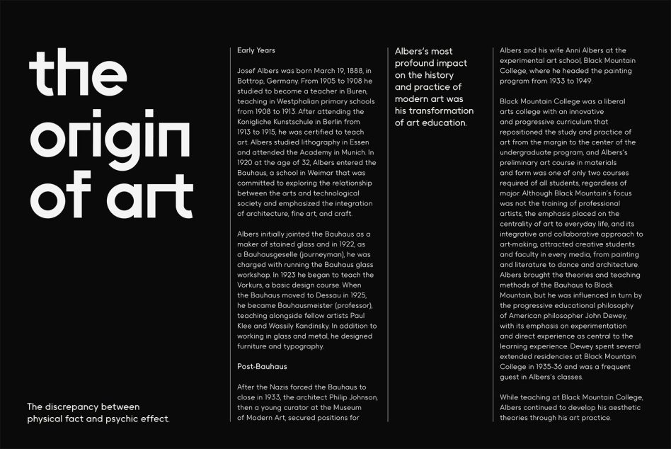 Typography poster design with text 'The Origin of Art', black and white palette, educational content, modern art history, Bauhaus, design principles.