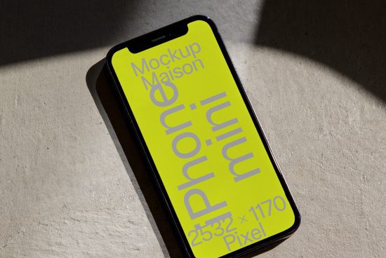 Smartphone mockup on textured background with dynamic shadows, showcasing screen design with resolution details for designers.