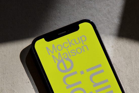 Smartphone screen mockup with dynamic shadow overlay, displaying design text for UX/UI presentations and creative projects.