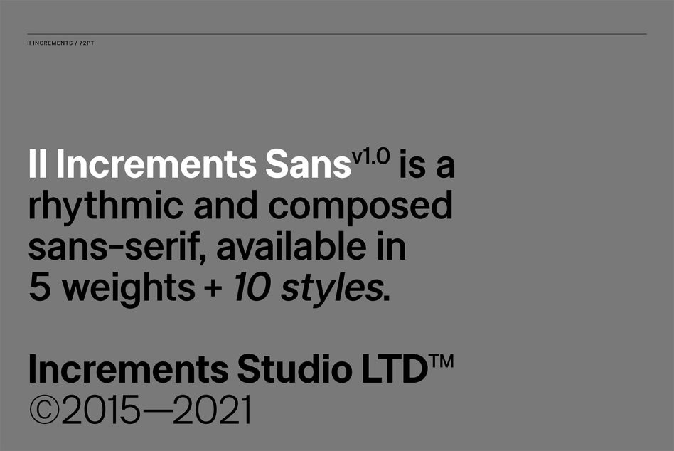 Font promotional image displaying Increments Sans v1.0, a rhythmic sans-serif with 5 weights and 10 styles by Increments Studio, copyright 2015–2021.