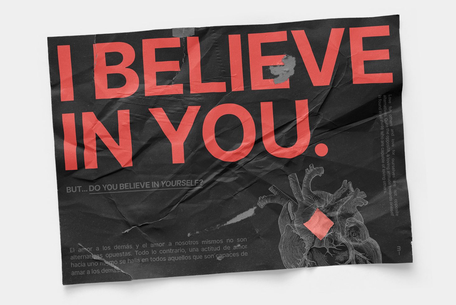 Crinkled poster with bold red typography saying I BELIEVE IN YOU, inspirational mockup for graphic design and typography projects.