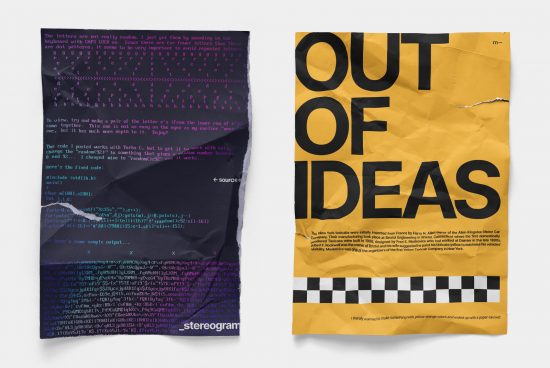 Two contrasting posters, left with code and CAPS LOCK text in purple on black, right with bold 'OUT OF IDEAS' on crumpled yellow paper, graphic design concept.