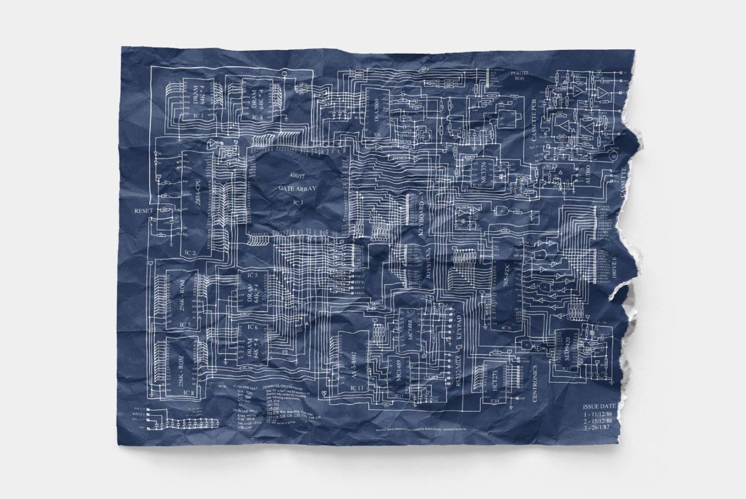 Crumpled blueprint electronic circuit diagram graphic on blue paper, ideal for tech themed mockups and design assets.