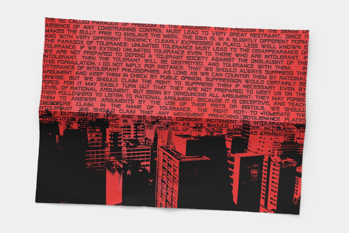 Grunge style graphic template with red and black text and city silhouette, perfect for poster design and urban mockups.