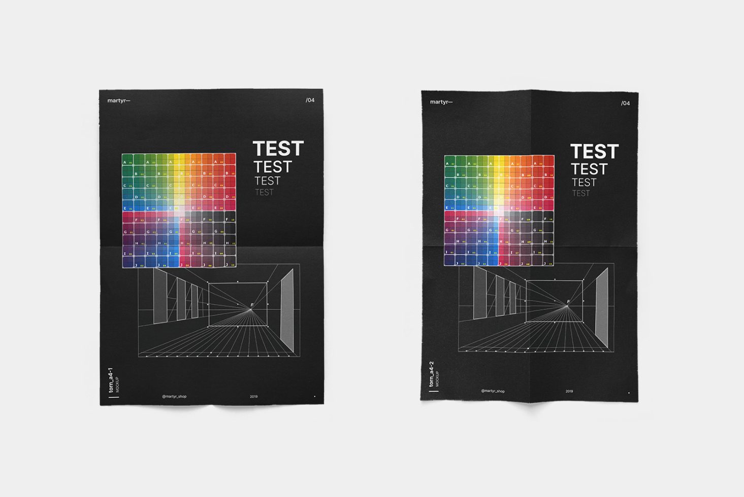 Two poster mockups with color palette and perspective design, ideal for graphic design presentations and portfolio display.