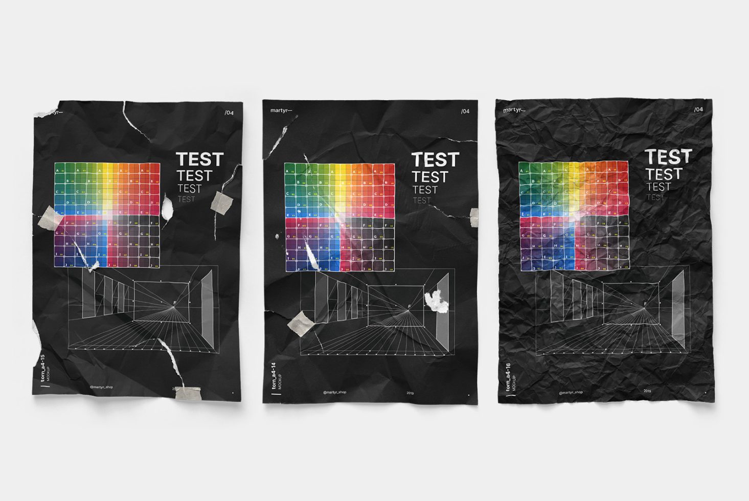 Three crumpled paper poster mockups with colorful grids and geometric designs, taped on a white background, for graphic presentations.