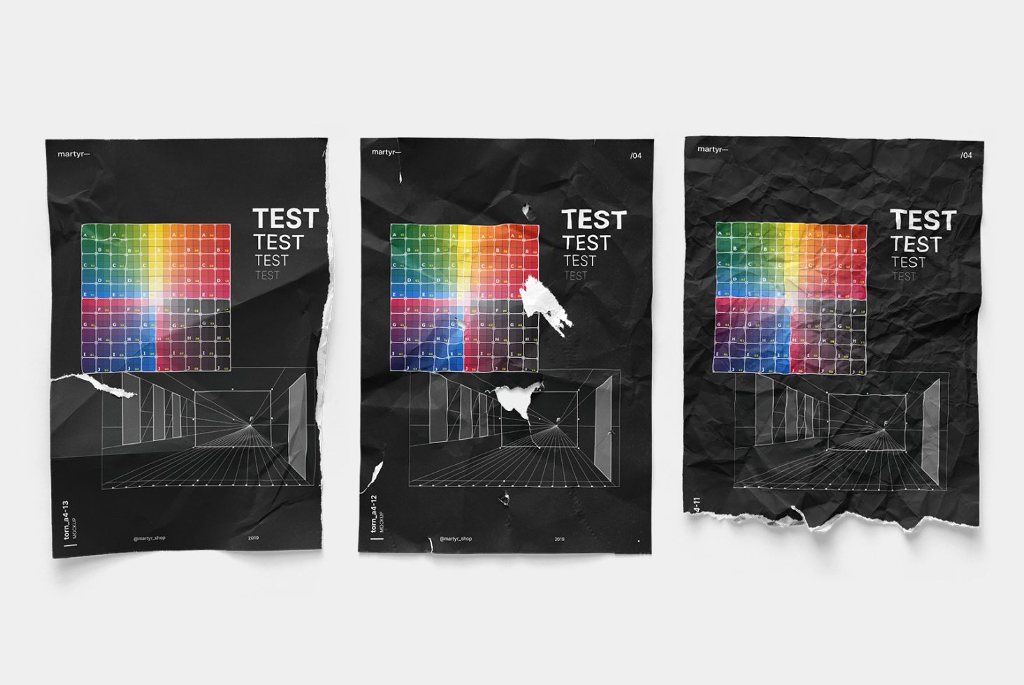 Three crumpled poster mockups with color swatches and geometric design, showcasing distressed textures for graphic presentations.